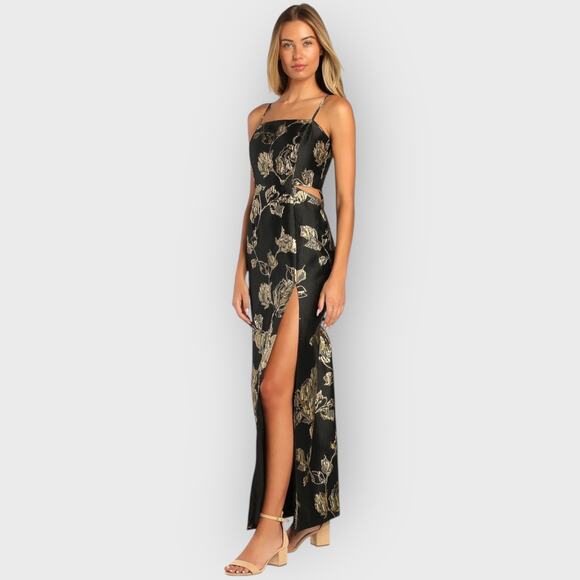 Lulus Charming Beauty XS Black Gold Floral Maxi Dress Wedding Guest V-Neck - Picture 4 of 11